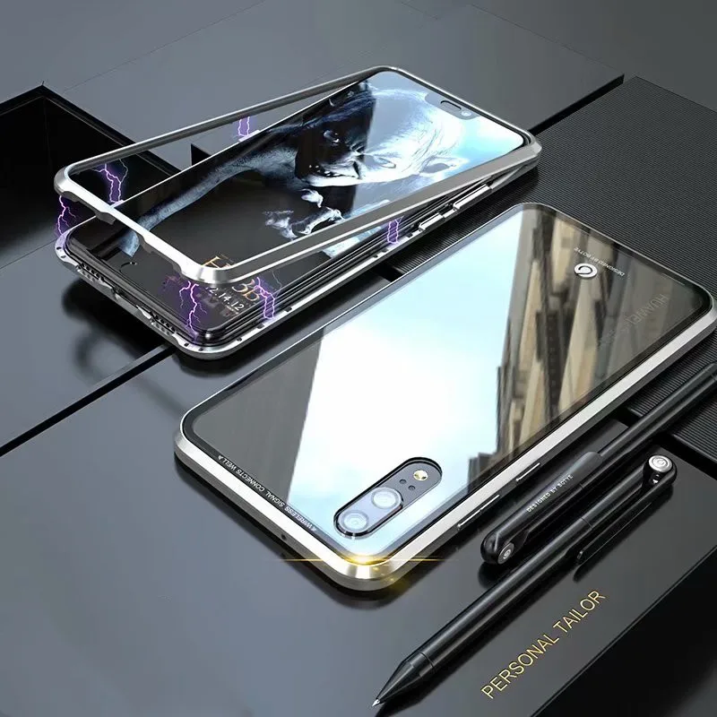 Full silver Роскошный магнитный металлический чехол-бампер для huawei P20 P30 Pro Lite, чехол из закаленного стекла, рамка для huawei Honor Magic 2, задняя крышка - Цвет: Full silver