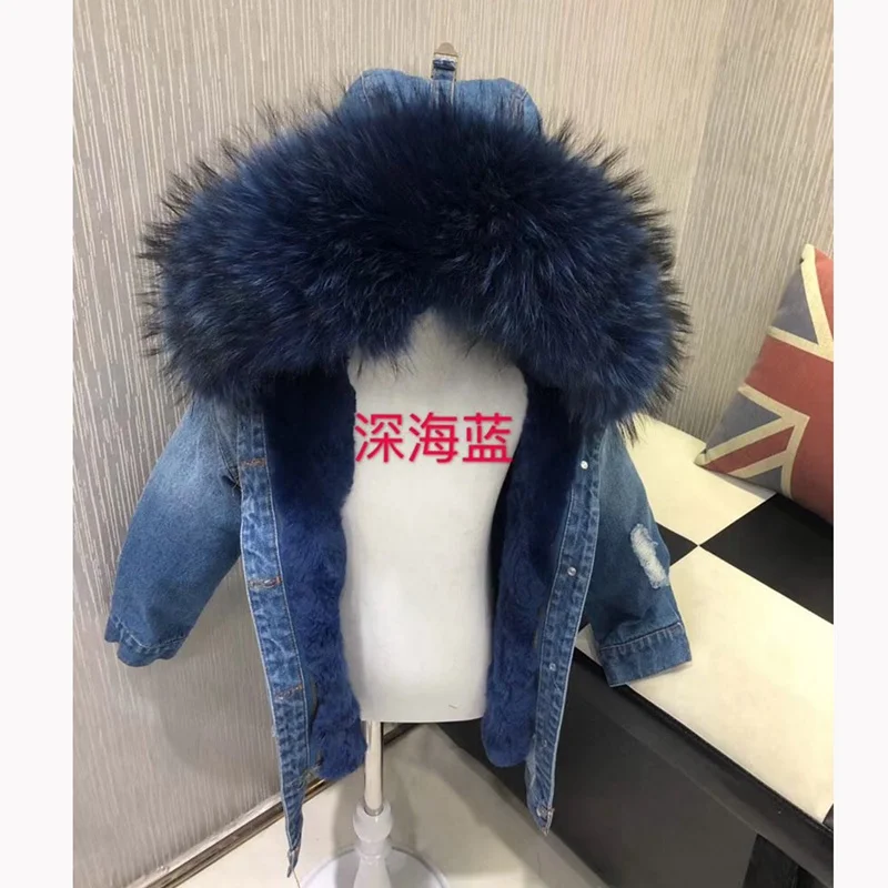 child winter fur jackets real fur big hooded natural rex rabbit fur lining boy and gilr fashion denim outwear thick warm parka