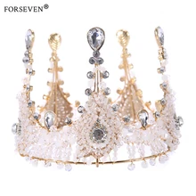 Round 100% Handmade Luxurious Gold Crystal Queen Wedding Crown Tiara For Bride Hair Accessories Hair Jewelry Prom Party Hairwear