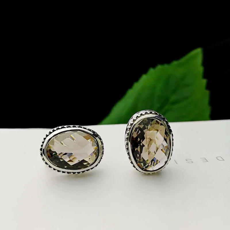 

Fine Jewelry 925 Sterling Silver Natural Stone Faceted Smoky Quartz Studs Earrings For Women Oval Shape Boucles D Oreille Femme