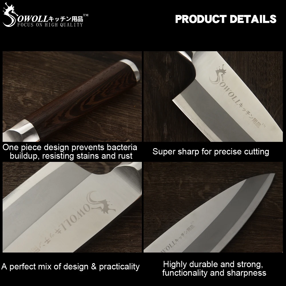 Кухонный нож Sowoll из нержавеющей стали, 6 дюймов, 8 дюймов, цветная деревянная ручка, высокоуглеродное лезвие, поварской нож, инструменты для приготовления мяса, рыбы, фруктов