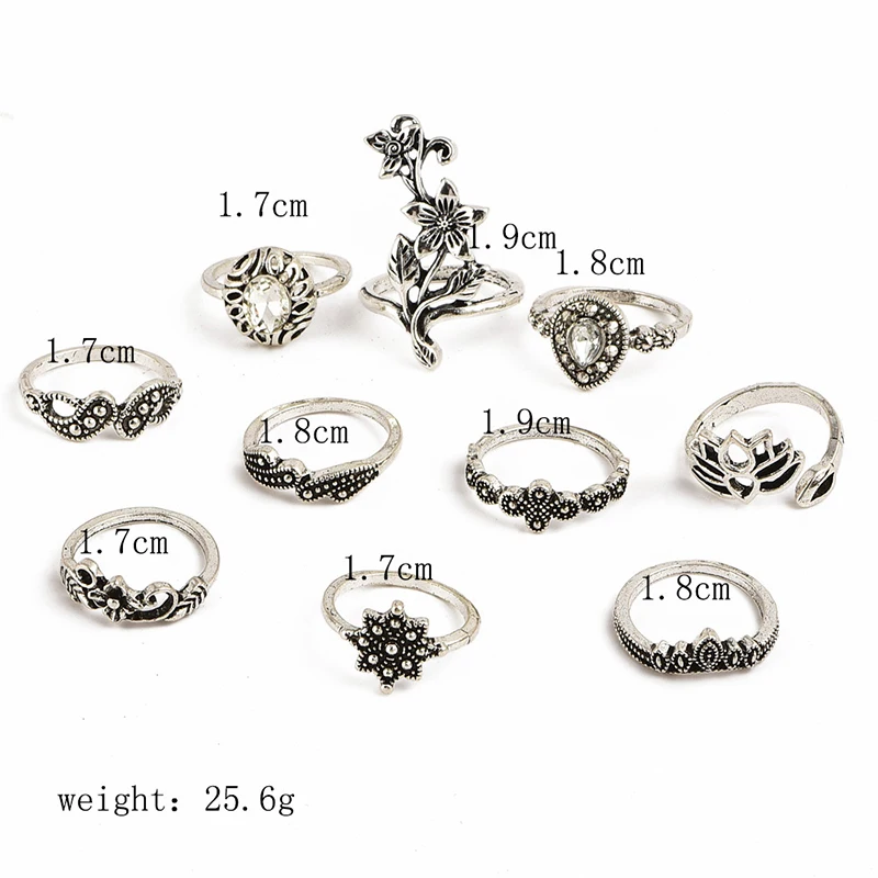 10-Pcs-Set-Punk-Water-Drop-Flower-Lotus-Crown-Wave-Crystal-Gem-Silver-Joint-Ring-Set