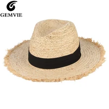 GEMVIE летние шляпы для женщин, соломенная шляпа из рафии с бахромой и черной лентой, складная шляпа от солнца с большими полями, мужская пляжная кепка, Панама
