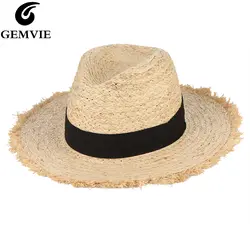 Летние Шапки для Для женщин с бахромой рафии соломенная шляпа с черной лентой складной большой полями шляпа от солнца Для мужчин пляж