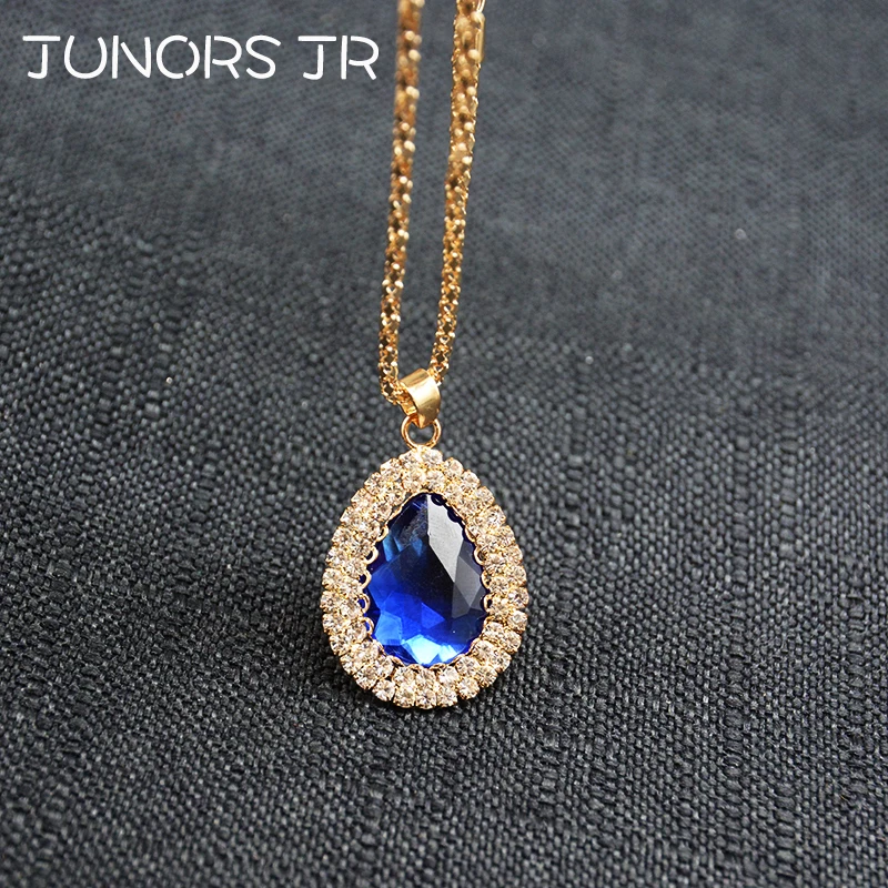 

Gorgeous Blue Crystal Water Drop Gem Gold Chain Pendant Necklace For Women Charms Royal Gem Necklace Jewelry For Office Workers