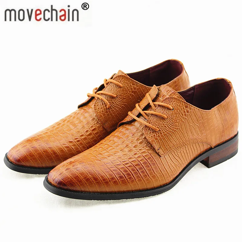 

Movechain Fashion Men's Crocodile Grain Genuine Leather Dress Shoes Man Casual Square Toe Oxfords Mens Lace-Up Business Flats