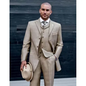 

Handmade Khaki Wedding Suits Classic for men Tuxedos Mens Dinner Party Wear Blazer suits With Pants (Jacket+Pants+Vest+Tie)