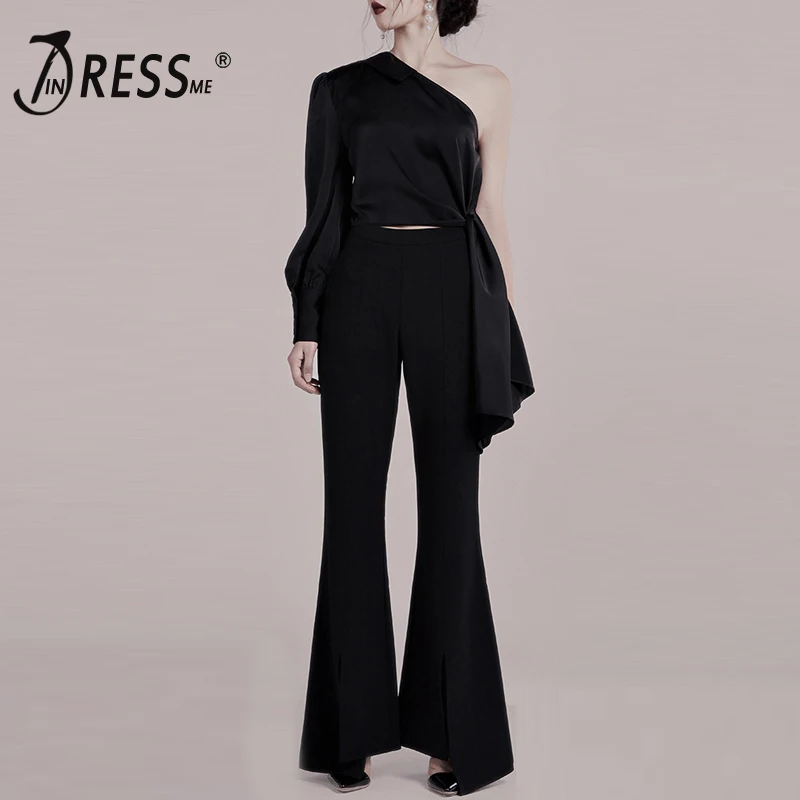 

INDRESSME 2019 Fashion Sexy Pant Suits Set One Shoulder Irregular Long Sleeve Top Flare Pant Women Elegant 2 Pieces Pant Sets
