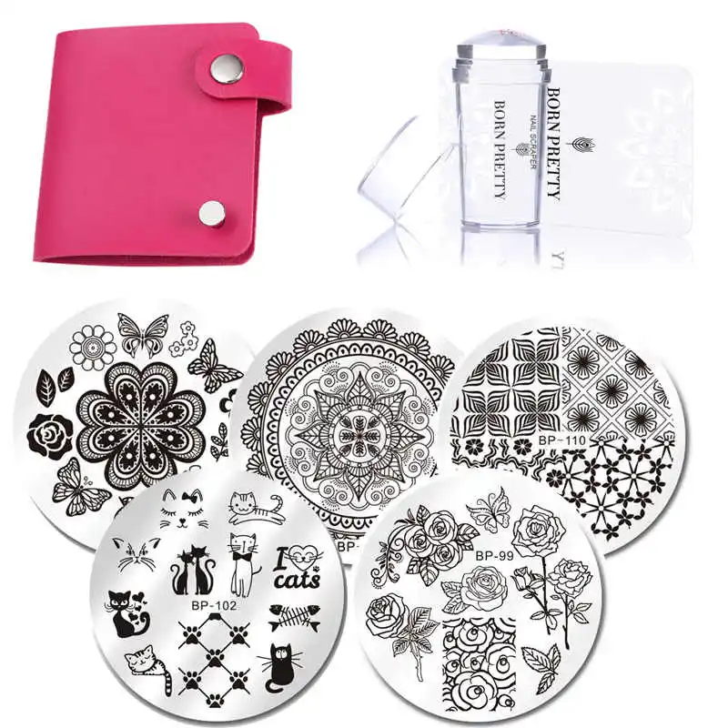 

BORN PRETTY 5 Pcs Round Nail Art Stamp Template 1 Pc Stamper 1 Pc Scraper 1 Pc Stamping Plate Case Manicure Art Stencil Kit