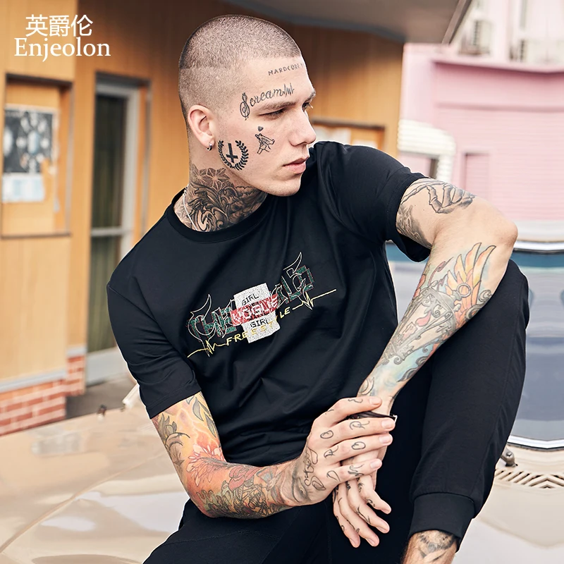 

Enjeolon new T Shirt Men Summer Fashion o neck t shirt Men cotton T-shirt printing embroidery T-shirt Tops Tees 3XL T5134
