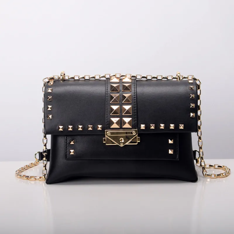 

2019 New Fashion Reservation Style Ladies Genuine Leather Rivets Chains White Handbag Women Handbags Fashion Shoulder Bag