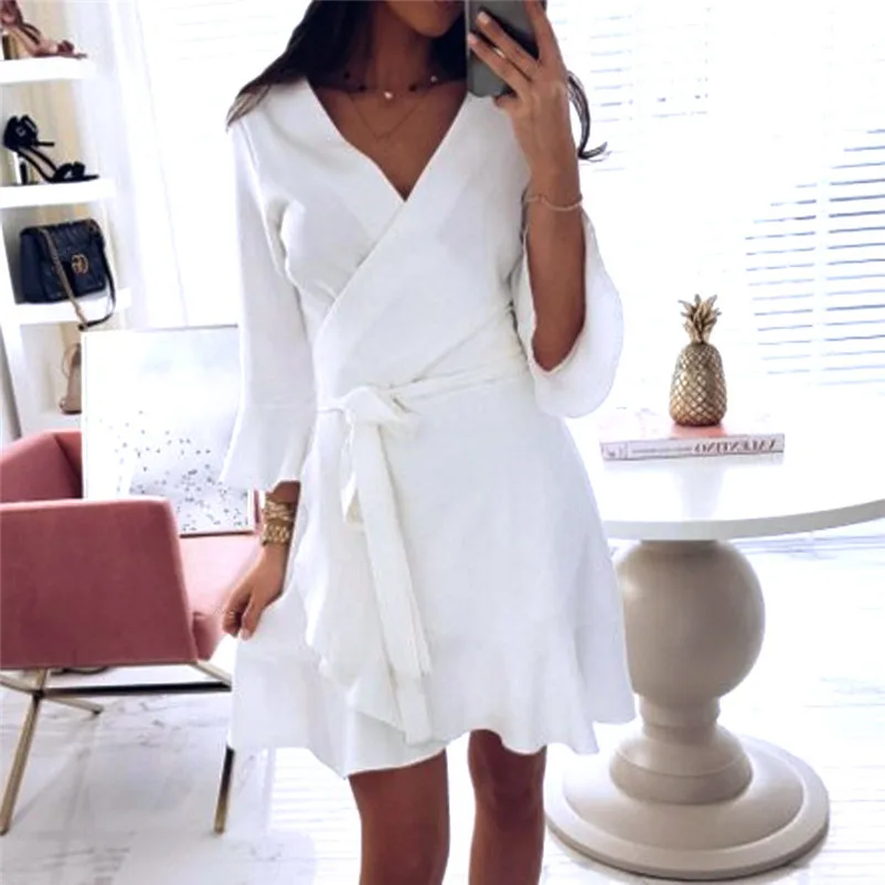 Fashion dress women Autumn Winter 2018 Ladies elegant Long Slevel V Neck Lace Up Mini Dress Party Boho Dress vestido O04#N (3)