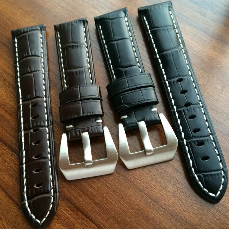 Handmade 22 24 26MM Black Brown Genuine Leather Watch Band Strap Stainless Buckle For PAM Watch