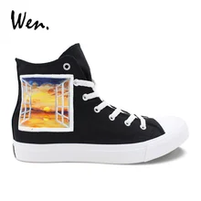 Вэнь оригинальные черные высокие парусиновые кроссовки Ручная роспись обувь дизайн оконные Декорации живопись обувь для мужчин и женщин плимсоллы на плоской подошве