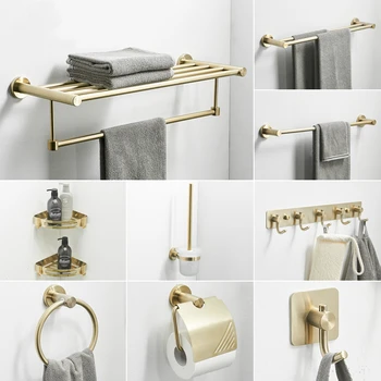 

Luxury Solid Gold Towel Rack Bathroom Accessories Set Stainless Steel Double Bars for Wall Toilet Paper Holder Brushed Golden