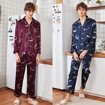 

2019 Mens Sleep Lounge Faux Silk Spring Summer Long-sleeved Top Shirts and Trousers Pajamas Set Mens Pyjama TZ1033