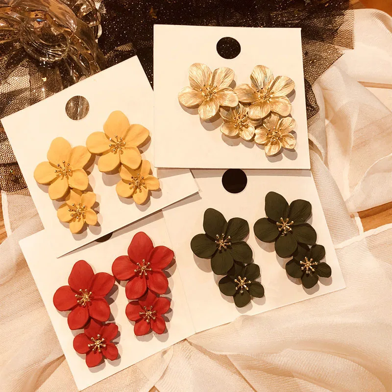

5 colors Pink Flower Stud Earring For Women Wedding Party Jewelry Boho Metal Earrings Female oorbellen pendientes brincos 2019