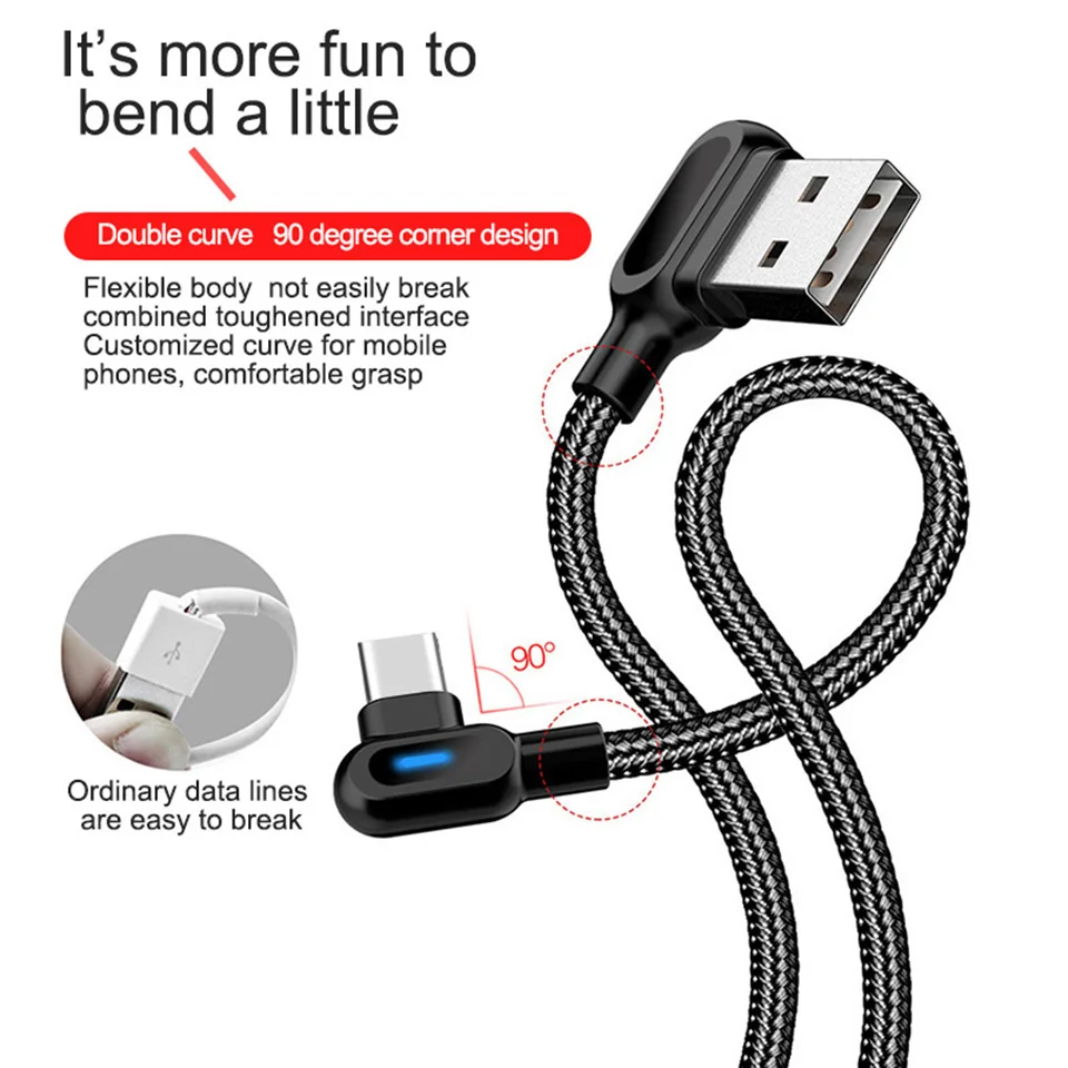 Usb Type C 90 Degree Cable Fast Charging Phone Charge Cavo Usb Charger Wire 2 Meter for Samsung Note 9 8 A20e Redmi K20 Pro Sony