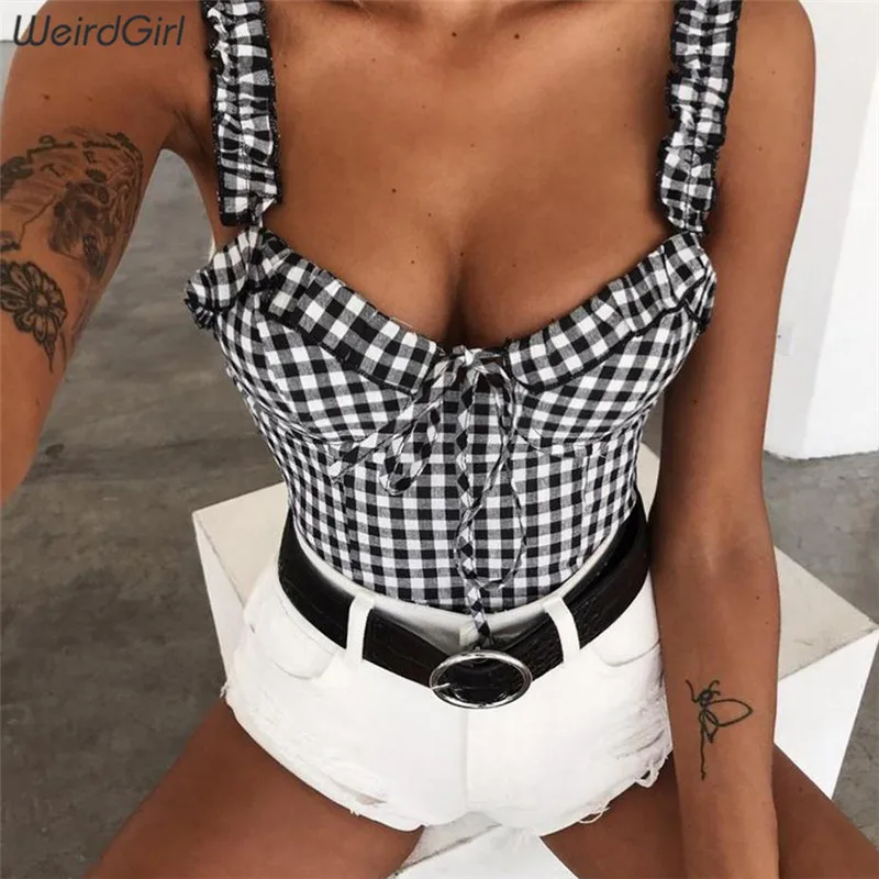 

Weirdgirl Women Plaid Sexy Fashion Tank Tops Short Crop Tops Summer Beach Party Lady Strappy Tank Sleeveless Shoulder strap New