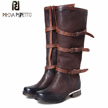

Prova Perfetto British Style Buckle Belt High Quality Real Leather Knee High Boot Zipper Mixed Color Women Fashion Knight Boot