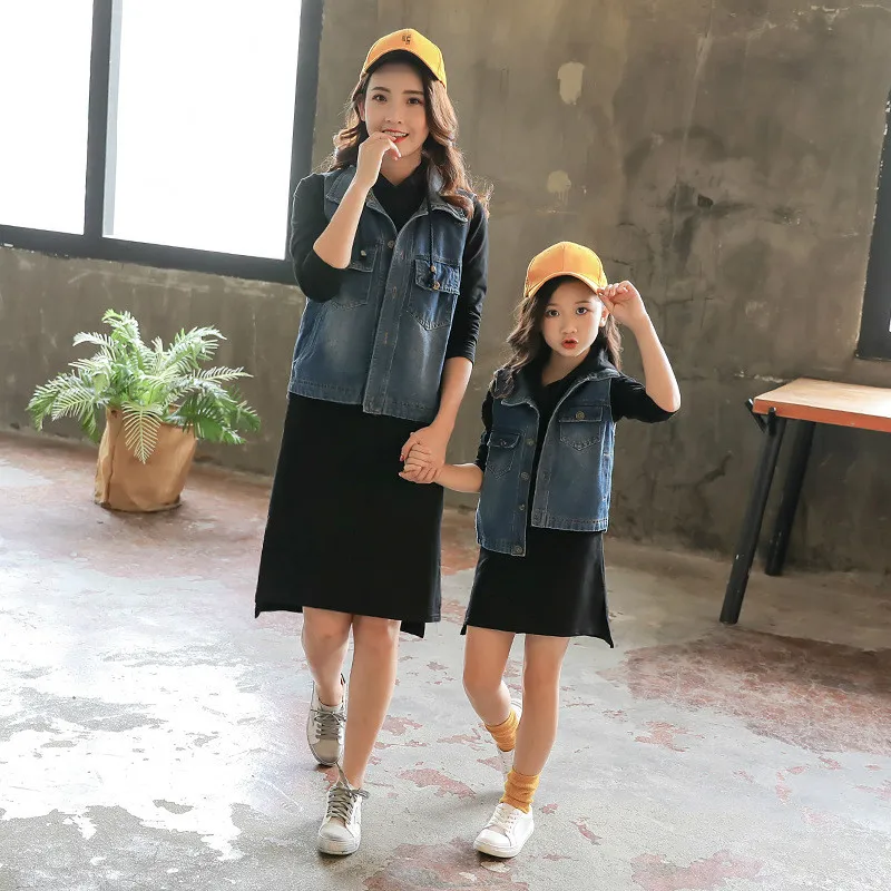 

Mother and Kids Suit Parent-child Dress Baby Girl Autumn Jeans Purity Daughter Mom Sets Fashion Toddler Family Matching Outfits