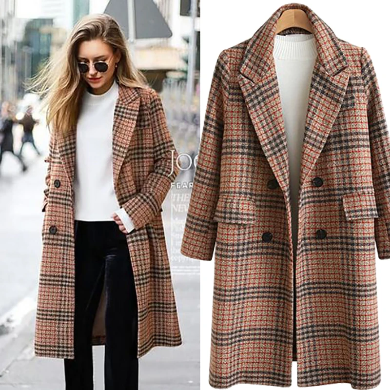 2018 Autumn Winter Coat Women Long Double Breasted Wool Coat For Women Plaid Long Sleeve Jackets Casaco Feminino Plus Size 4XL