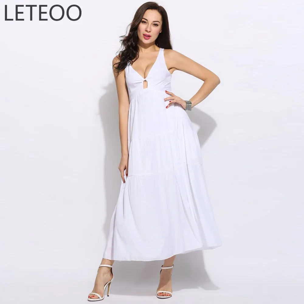 LETEOO White Maxi Beach Dress Women Summer Robe Casual Ankle Length Cut