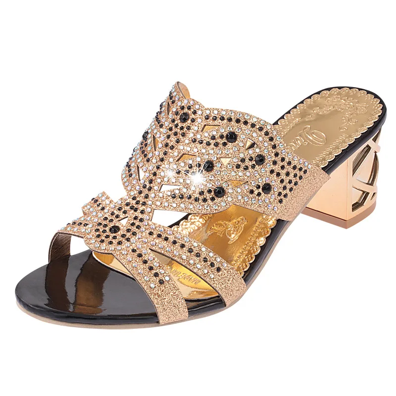 

Shoes Woman 2019 Spring Summer New Fashion Crystal Open Toe Woman Flip Flop Slippers Med Square Heel Plus Size Ladies Shoes