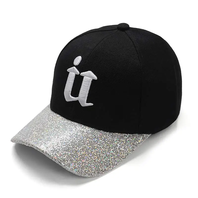 Women Cute Baseball Hat Letters U Shiny Visor Snapback Cap Black Silver 6 Panel Adjustable Size - Цвет: Серебристый