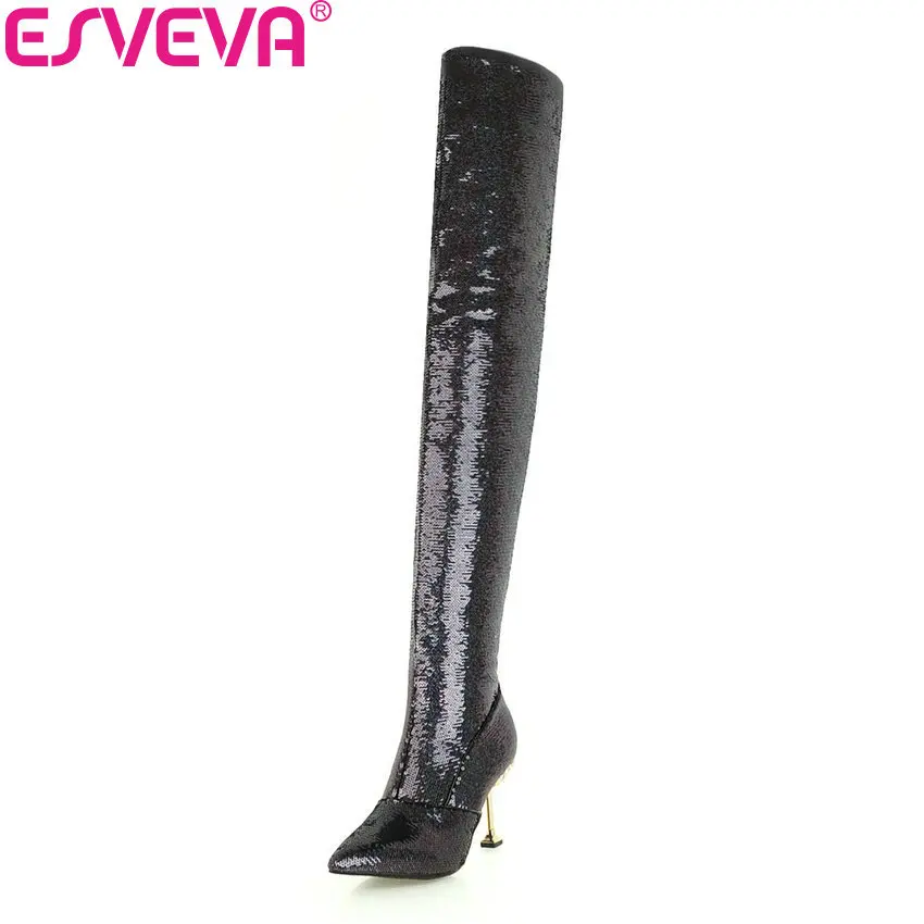 

ESVEVA 2019 Women Over The Knee Boots Sequins PU Thin High Heels Pointed Toe Autumn Spring Boots Zip Ladies Shoes Size 34-43