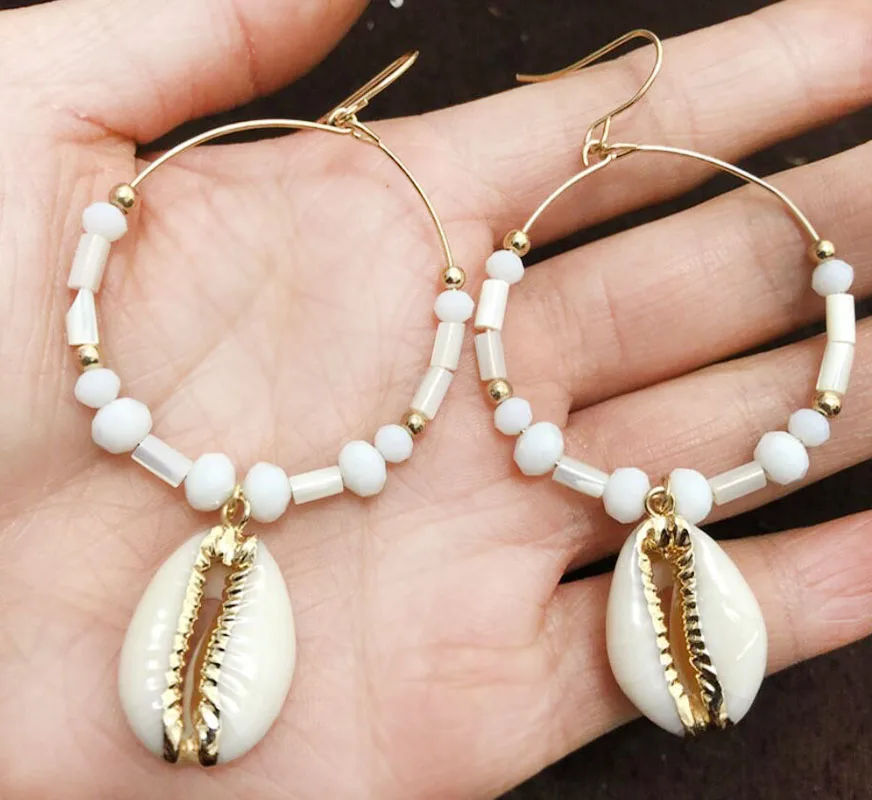 

SMJEL New Design Sea Shell Dangle Earring Women Metal Geometric Big Round Circle Shell Long Drop Earrings Beach Boho Jewelry