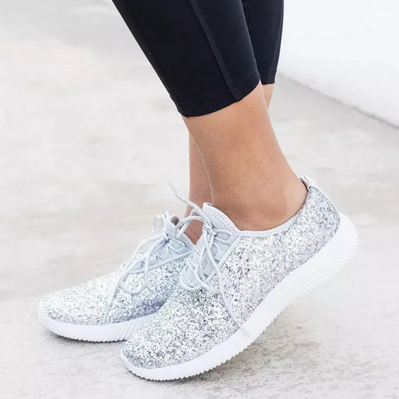 WENYUJH Vulcanized Shoes Women Casual Shoes Women Glitter Sneakers Bling White Sneakers Lace-up Sparkly Shoes zapatos mujer