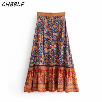 

CHBBLF women vintage floral print skirt button design faldas mujer ladies casual chic skit DGJ8189