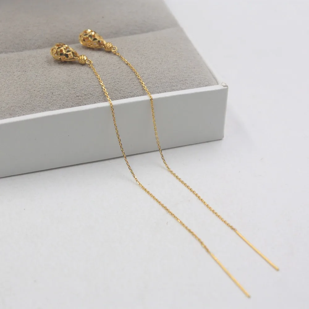 

Authentic 18K Yellow Gold Earrings Hollow Raindrop Link Chain For Women Girl Drop Earrings Line 105mmL 1.3-1.5g Hot 2019