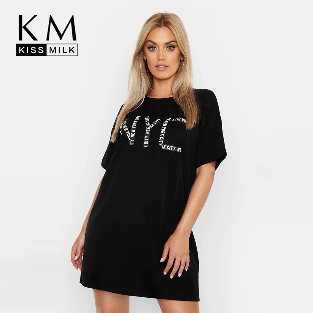 

Kissmilk Plus Size Women Clothes Simple And Loose Version NYC Letter Print Short-sleeve Long T-shirt