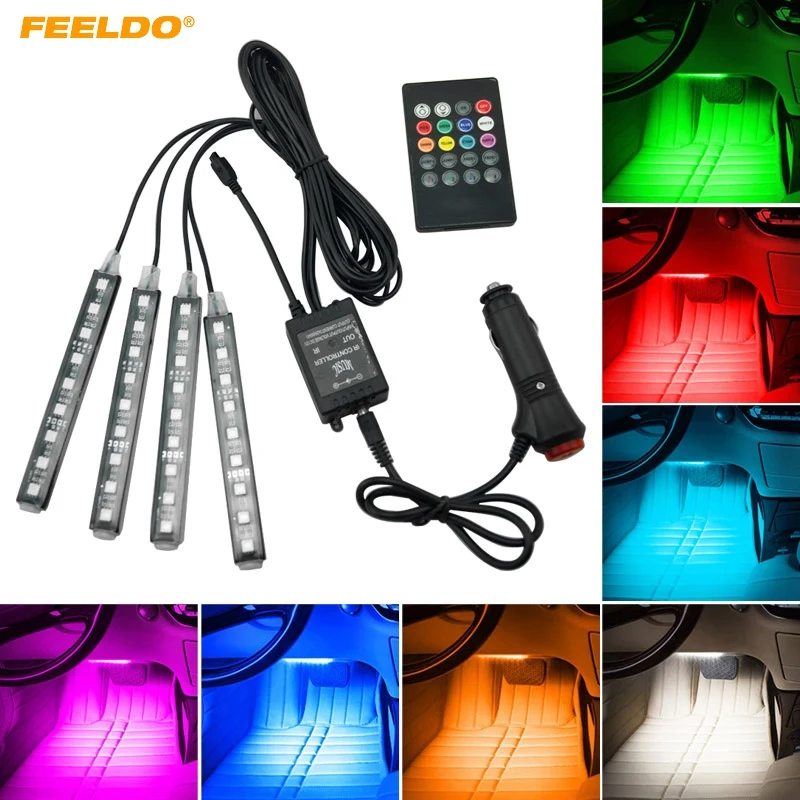 

FEELDO 4Set Car RGB LED Strip Light Voice Controller Atmosphere Lamp Foot Decorative Light With 24 Key Remote Controller