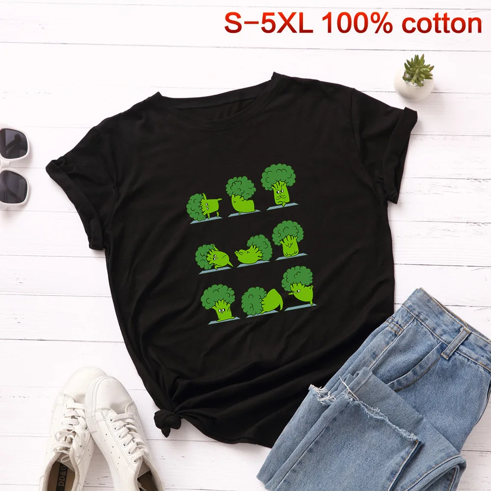 

SINGRAIN Funny Broccoli Cotton Tee Shirt Women Summer Vegetables Plus Size Basic Tops Multicolor Harajuku Vegan Print t shirt
