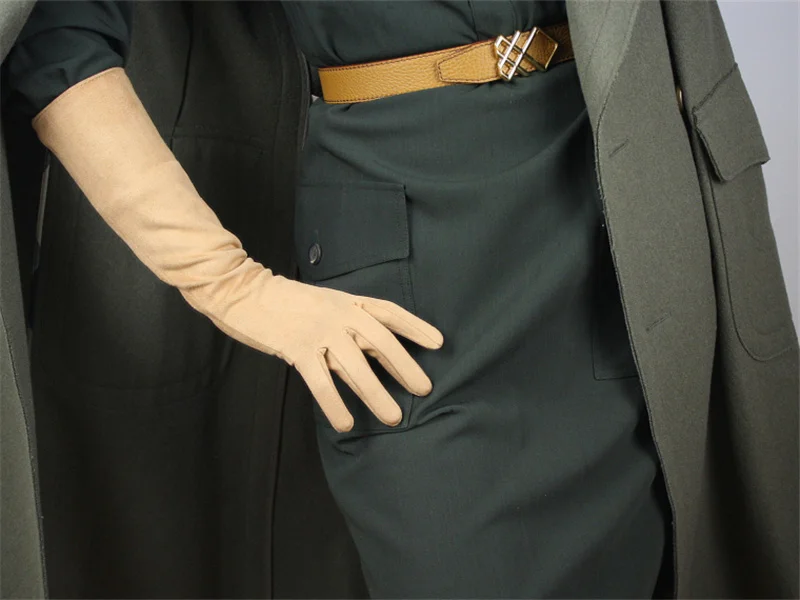 Горячая Распродажа, замшевые перчатки, черные, матовые, шлифованная замша, имитация кожи, без подкладки, женские модели, длинная секция, 40 см, TB018