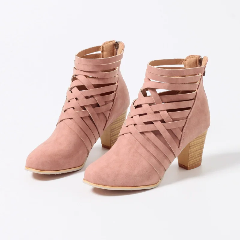 Модные женские ботильоны Осенняя женская обувь Туфли-лодочки на не сужающемся книзу массивном каблуке женские ботинки на высоком каблуке 7 см; большие размеры 43; WSH3396 - Цвет: pink