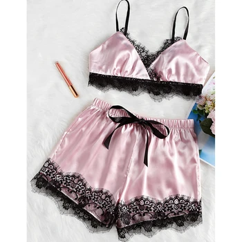 

Fashion Women Sleepwear Set Sexy Satin Pajama Set White Lace V-Neck Pyjamas Sleeveless Cami Top and Shorts Casual Nightwear Sets