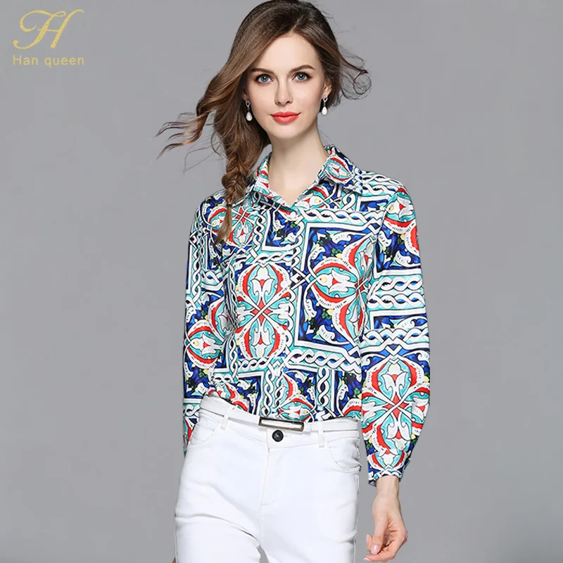 

H Han Queen Women Print Blouses Summer Work Long sleeve Loose Shirt Tops Work Casual Vintage Blouse Plus Size Blusa