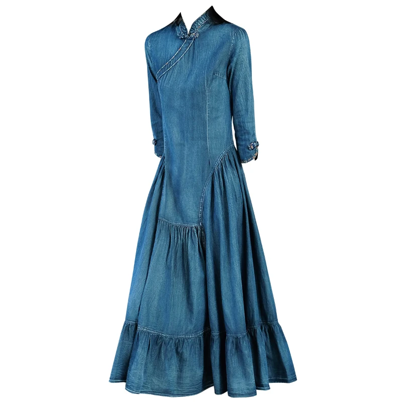 3xl! 2022 Spring Vintage Long Denim Dress Women Wrist Cotton Denim Long
