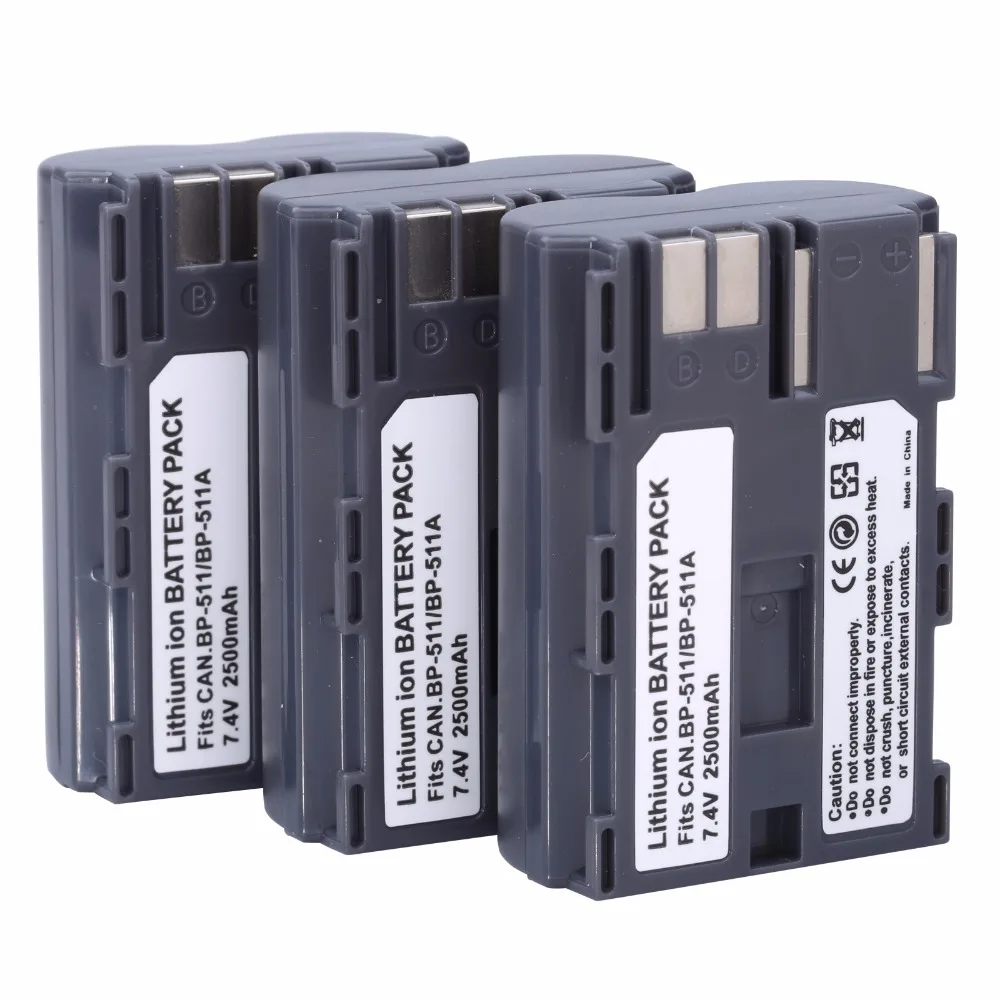 

3Pcs 2500mAh BP-511 BP511A Rechargeable Battery Batteria Batteries For Canon 20D 30D 40D 50D MV 30i 300 300i ZR20 25MC Camera