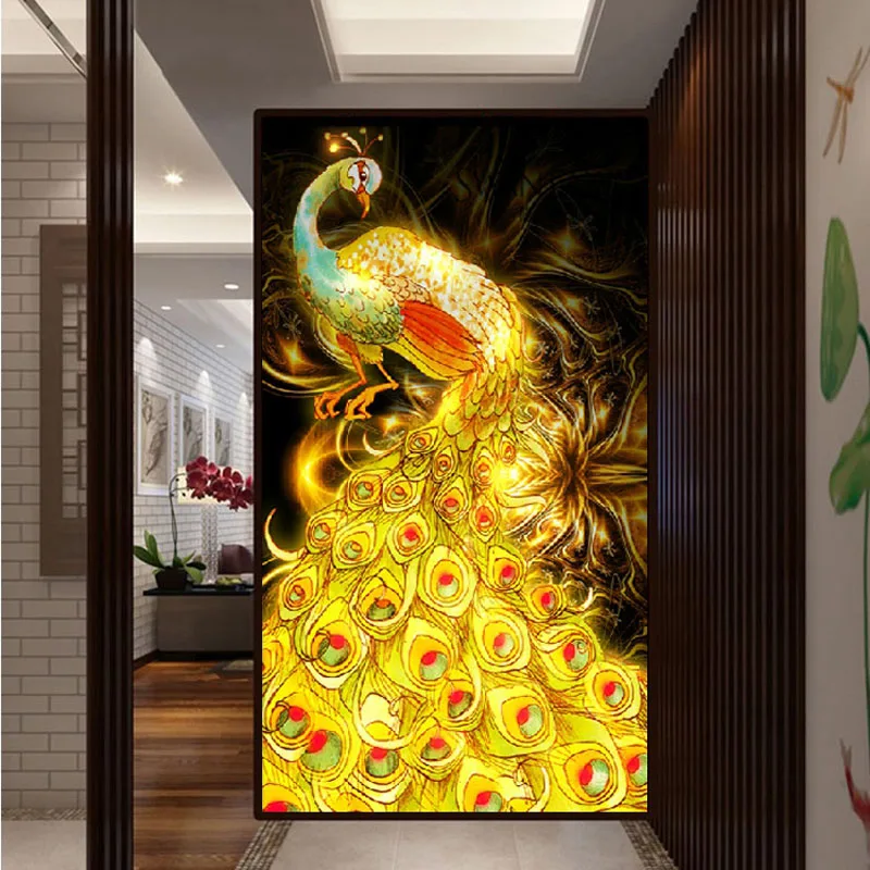 

QIANZEHUI,DIY 5D Golden phoenix peacock Embroidery,Round Diamond Full rhinestone Diamond painting cross stitch,needlework
