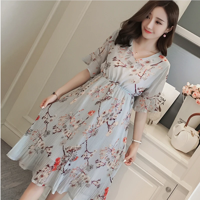 Продажа Новый 2018 лето материнства шифоновое платье с v образным вырезом короткий рукав Беременность платья для беременных женская одежда печати пл...