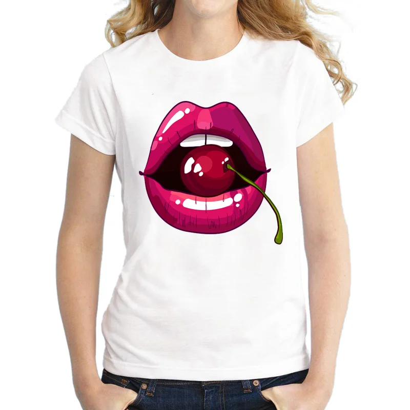 

2018 Summer Big Red Lips Print T-shirt Women T Shirt O-neck White Camisetas Tops Summer Short Sleeve White Tshirts