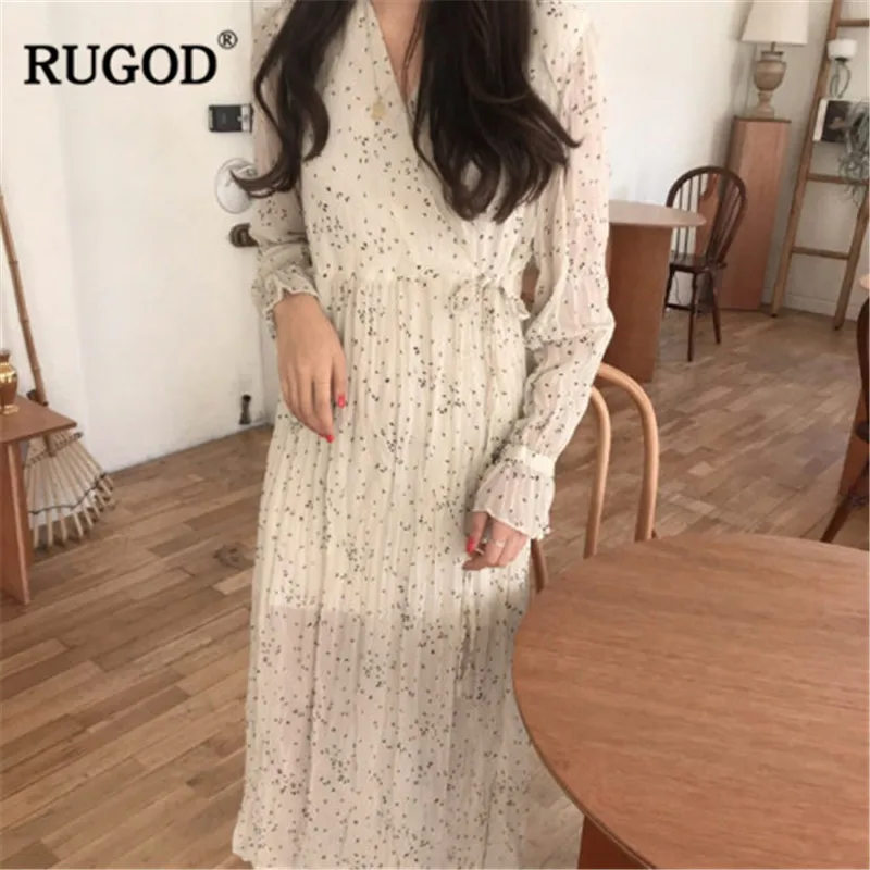 

RUGOD Vintage spring Long dress women Casual V Neck Flare sleeve printed Pleasted Maxi dress Bohemian party Dresses Vestidos