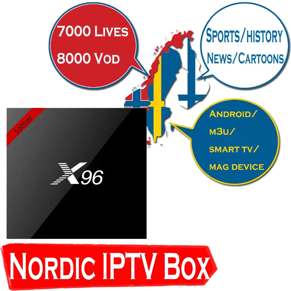 Nordic IP ТВ коробка X96 4 К Android 7,1 ТВ коробка с 7000 Каналы 7000 VOD Швеции швейцарский швейцария голландский европа IP ТВ телеприставке