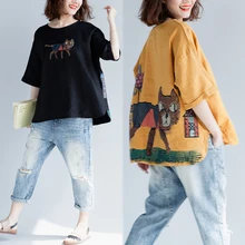 Летняя новая хлопковая и льняная футболка женская желтая с мультяшным принтом с коротким рукавом высокого качества с круглым вырезом футболки женские футболки