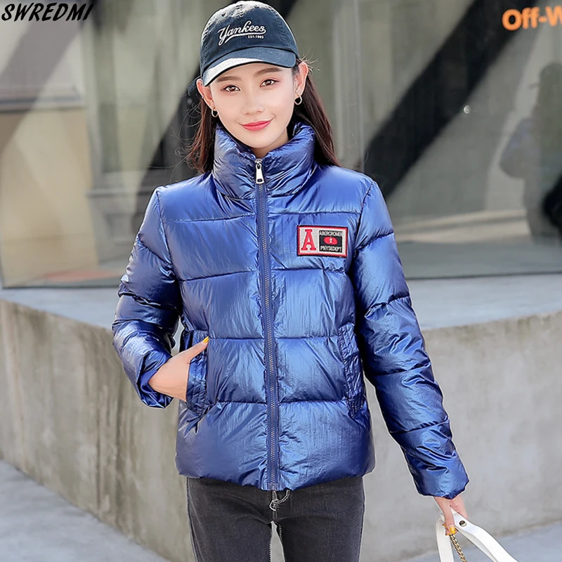 

SWREDMI Winter Coat Women 2019 New Stand Collar Winter Parkas Blue Short Cotton Padded Jacket Coat Outerwear Tops Girls